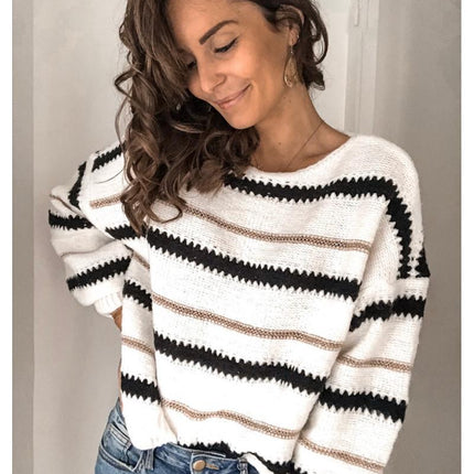 Patchwork Color Striped O-neck Pullover Knitted Sweater