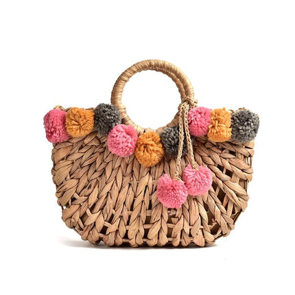 Multicolor Pompom Straw Handbag