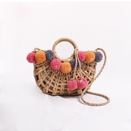 Multicolor Pompom Straw Handbag