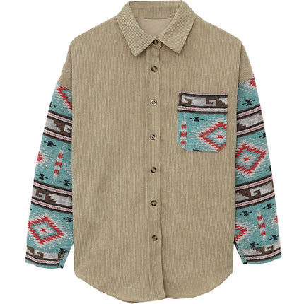 Aztec Pattern Sleeve Khaki Pocketed Corduroy Shacket