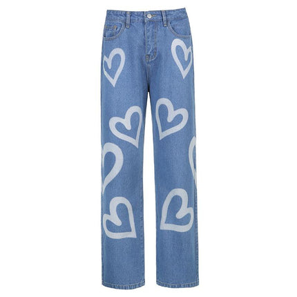 Women Love Heart Denim Jeans Straight Trousers