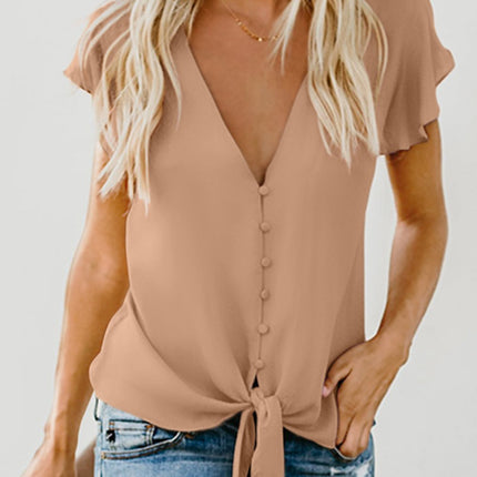 Apricot Short Sleeve Forever Tonight Button Down Tie Top