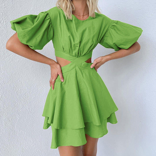 Green Cut Out Waist Sexy Women Party Dress Puff Sleeve Pleated Dress