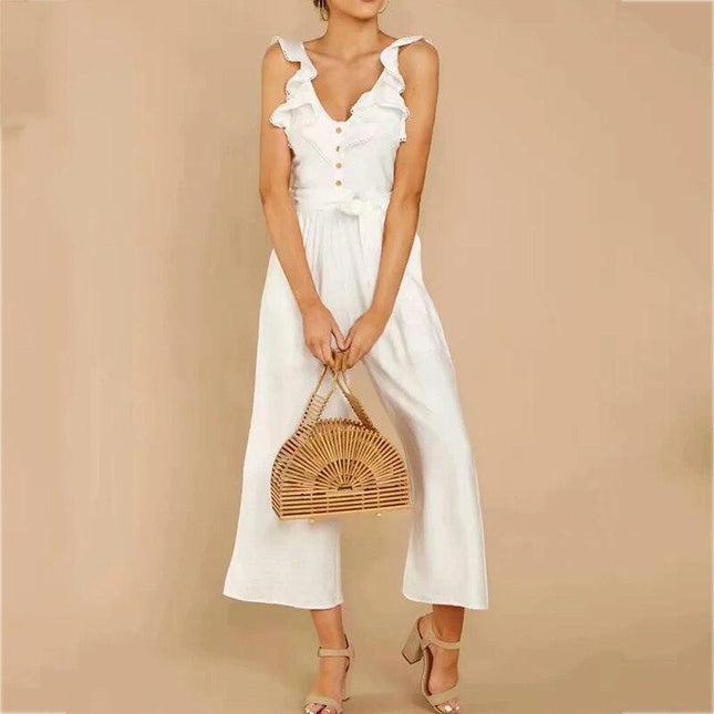 Ruffle Sleeveless Button White Jumpsuits Overalls Wide Leg Hollow Out