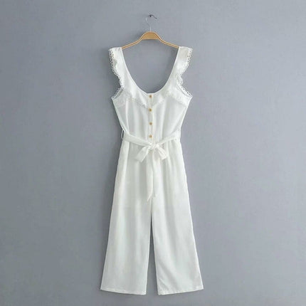 Ruffle Sleeveless Button White Jumpsuits Overalls Wide Leg Hollow Out