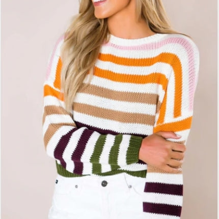 Women Round Neck Rainbow Striped Sweater