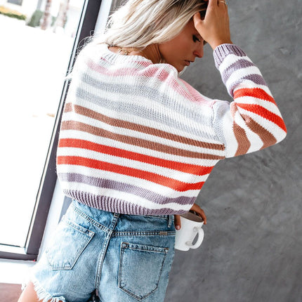 Women Round Neck Rainbow Striped Sweater