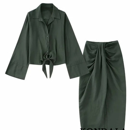 Women's Solid Suit with Bow Shirts and Pleated Skirts