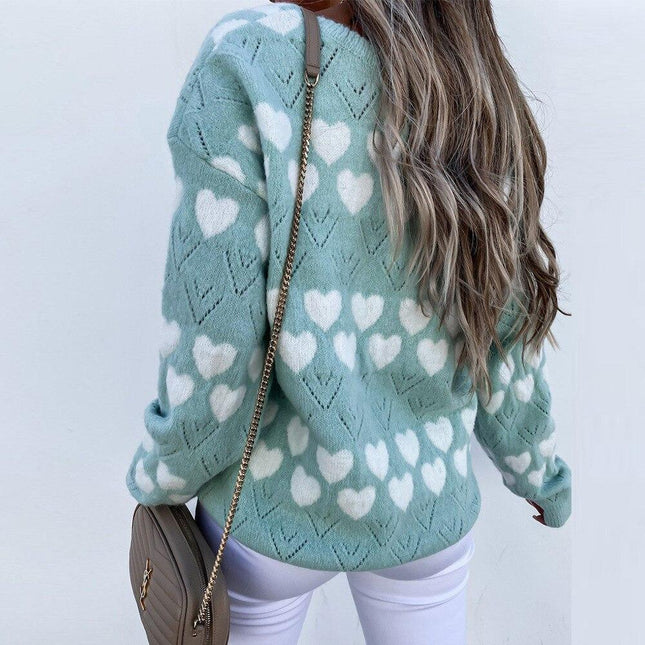 Heart Women V neck Hollow Out Casual Sweater Knitting Loungewear