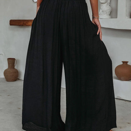 Loose Cotton Wide-Leg Pants with Elastic Waistband and Pockets
