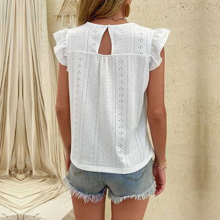 V-Neck White Sleeveless Shirt with Hollow Out Design