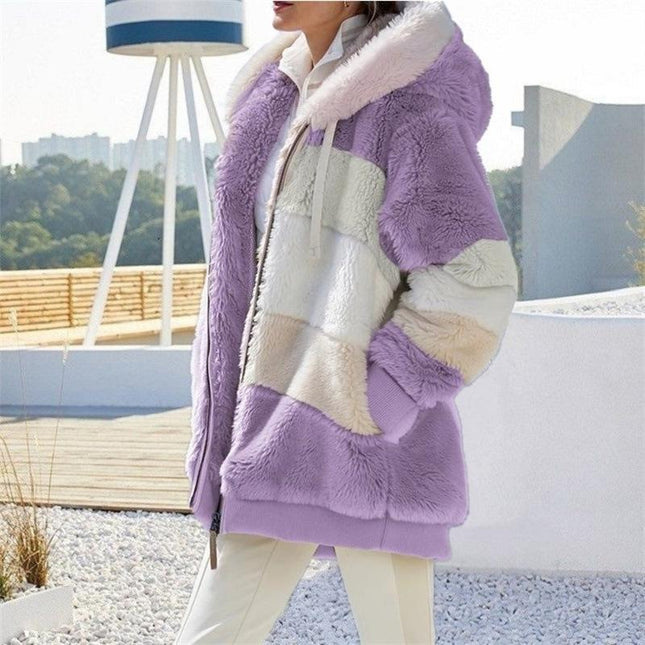 Women Jacket Warm Plush Casual Loose Hooded Coat Mixed Color Patchwork