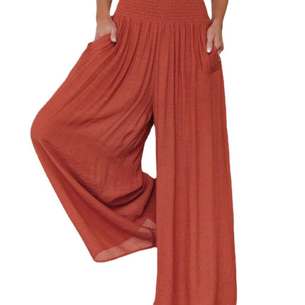 Loose Cotton Wide-Leg Pants with Elastic Waistband and Pockets