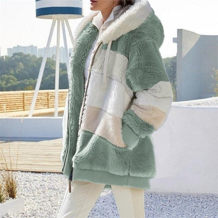 Women Jacket Warm Plush Casual Loose Hooded Coat Mixed Color Patchwork
