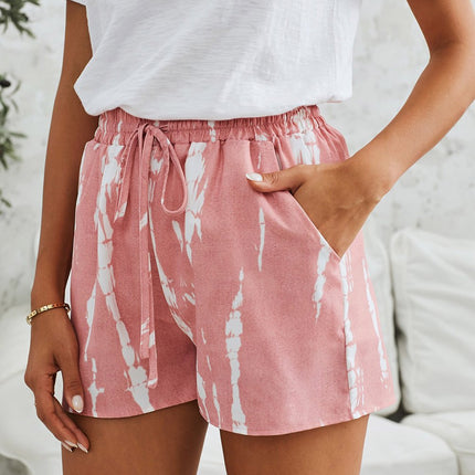 Pink White Tie Dye Drawstring Casual Shorts