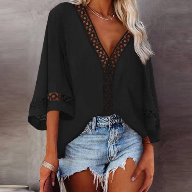 Sexy Deep V Neck Hollow Out Lace Blouse