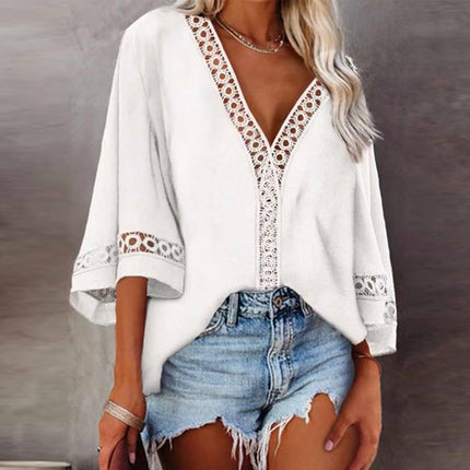 Sexy Deep V Neck Hollow Out Lace Blouse