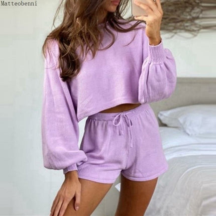 Two Piece Outfits Tracksuit Womens Puff Sleeve Top and Shorts Suits