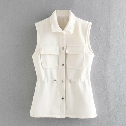White Wool & Blends Vest Jacket Women Sleeveless Coat Jacket