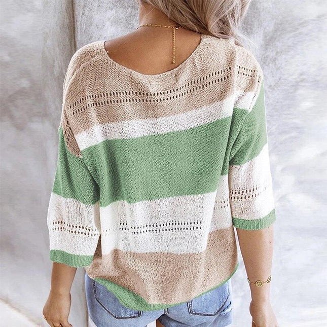 Women Casual Patchwork Striped Knitted Sweater