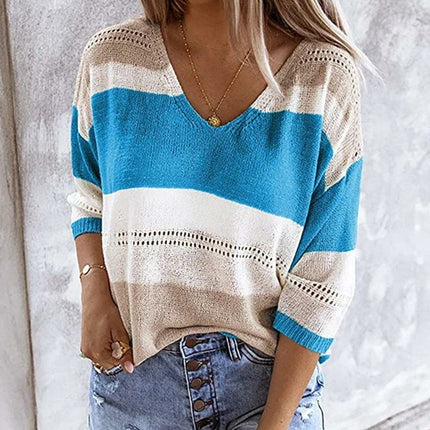 Women Casual Patchwork Striped Knitted Sweater