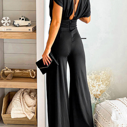 Solid V-Neck Ruched Jumpsuits  Summer Sexy Sleeveless Overalls