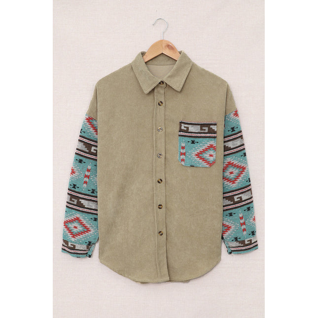 Aztec Pattern Sleeve Khaki Pocketed Corduroy Shacket