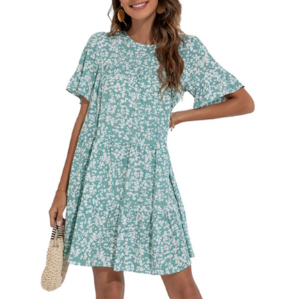 Womens A Line Floral Dress with Ruffle Sleeves