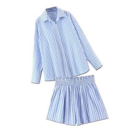 Striped Shirt Waist Shorts Street Casual Suit